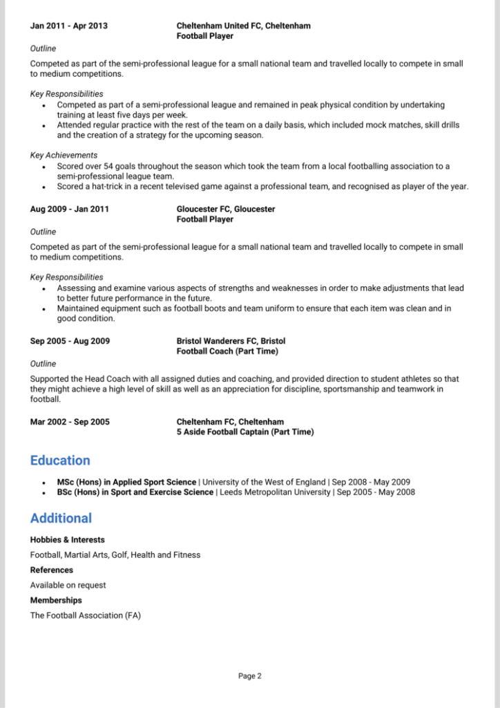 Footballer CV example + CV writing guide [Get noticed by agents]