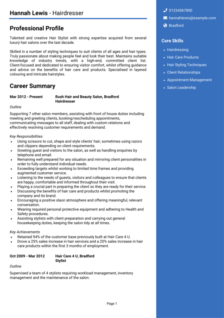 Hairdresser CV example + CV writing guide [Get hired quickly]