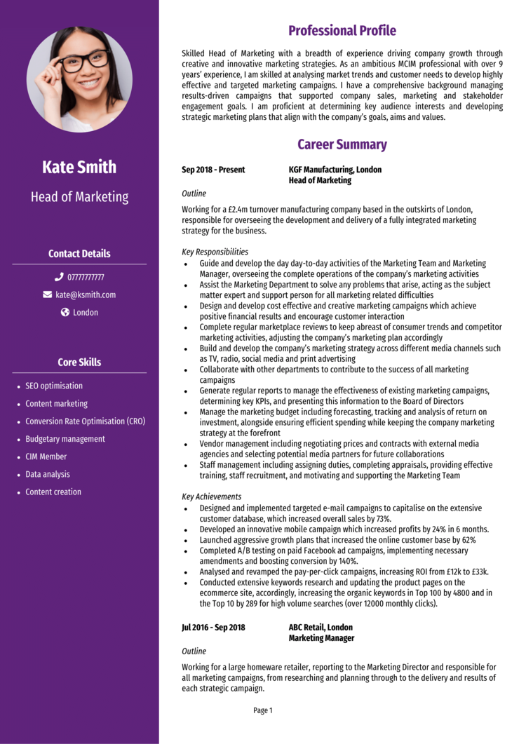 Head of Marketing CV examples + guide [Get hired]