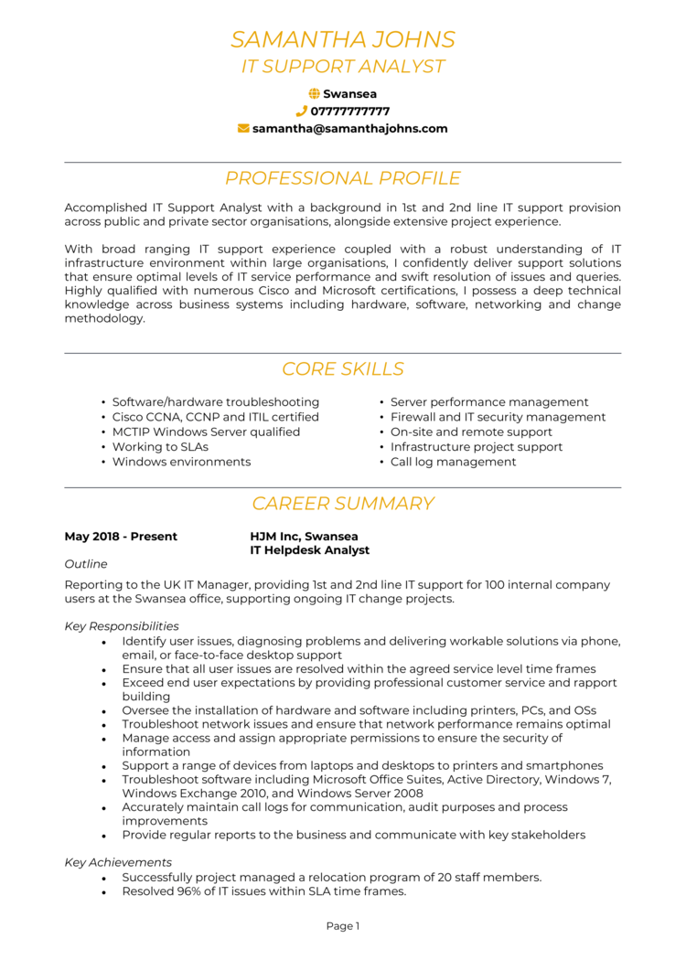 Best IT support CV template 1