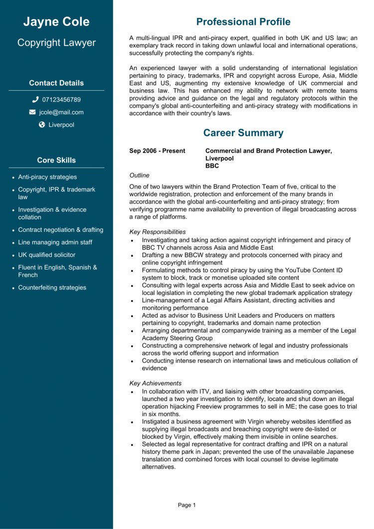 legal personal statement cv