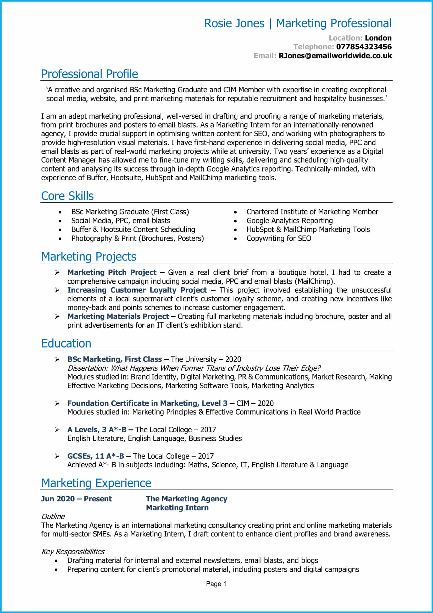 personal statement marketing cv