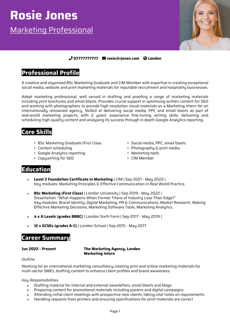 Marketing graduate CV examples + writing guide [Get noticed]