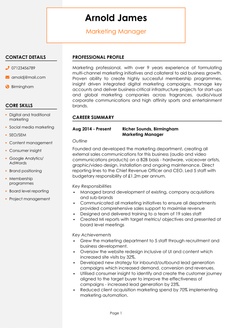 Marketing Manager CV Example Writing Guide Get Noticed   Marketing Manager CV 1 