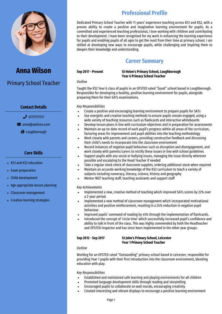 Primary Teacher CV 1 (style 2)