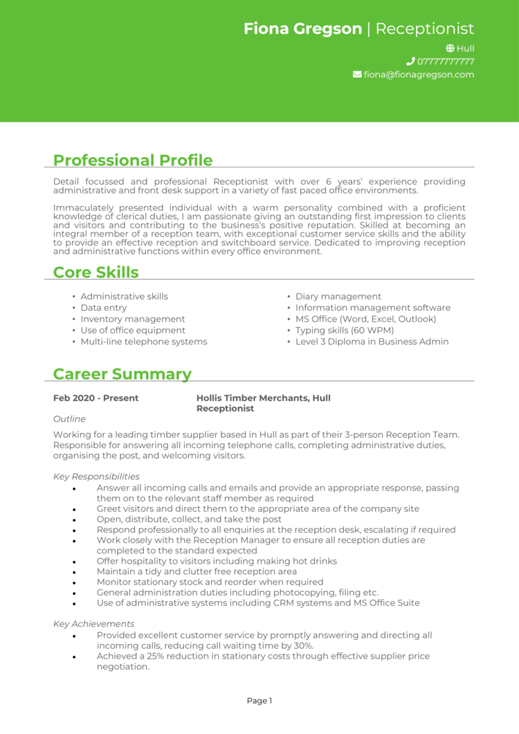 3 receptionist CV examples for 2024 + CV template