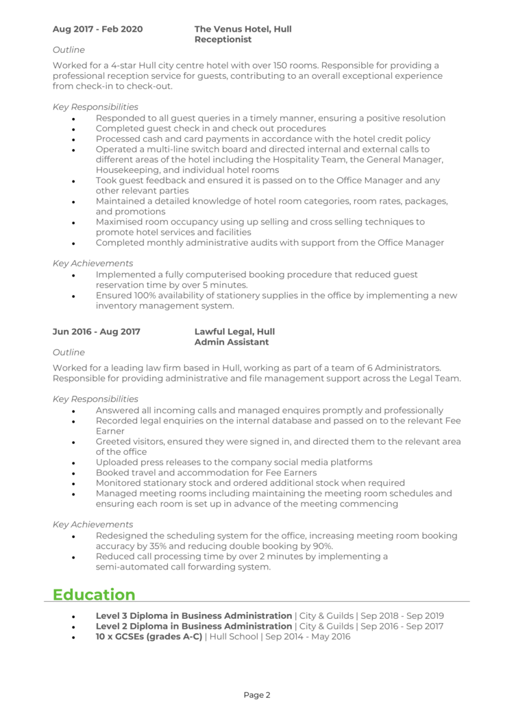 Receptionist CV example-2