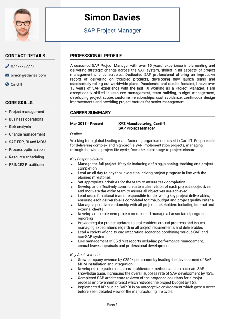 SAP Project Manager CV 1 - page 1