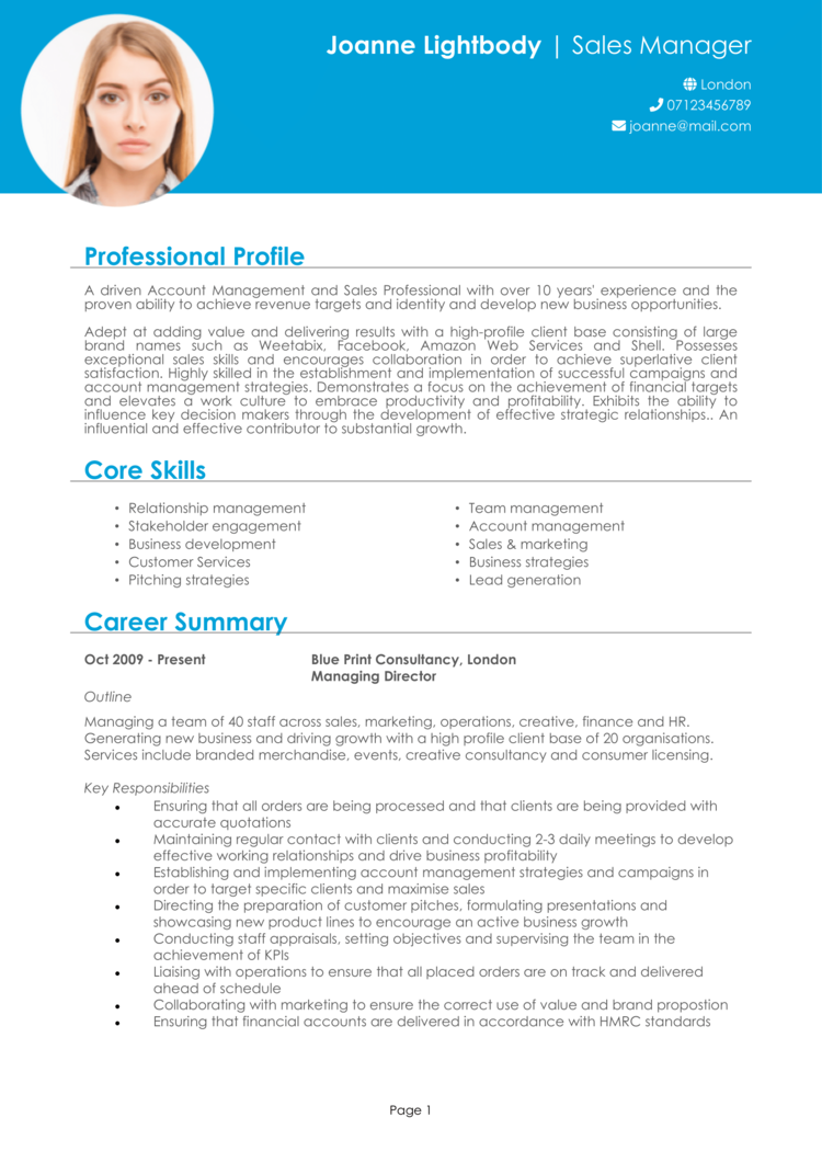 Sales CV template - Word UK