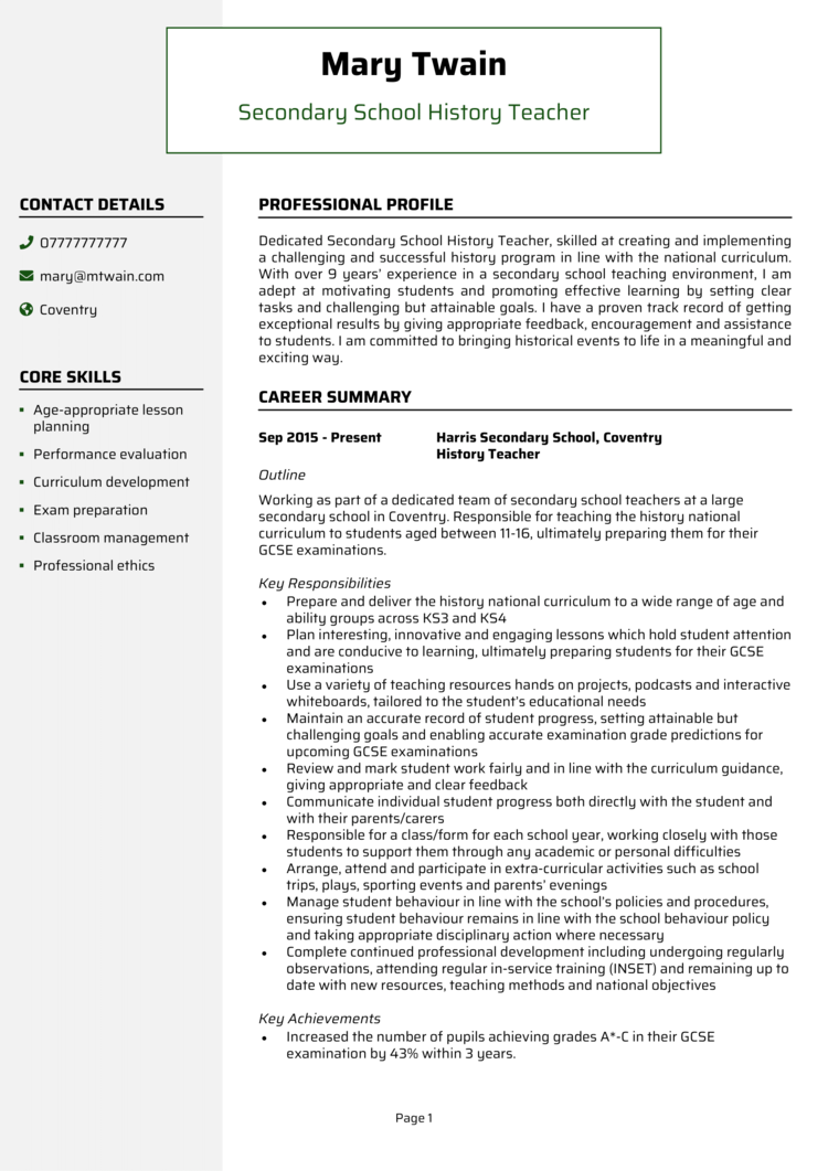 Teacher CV Example Free Template How To Write 58 OFF