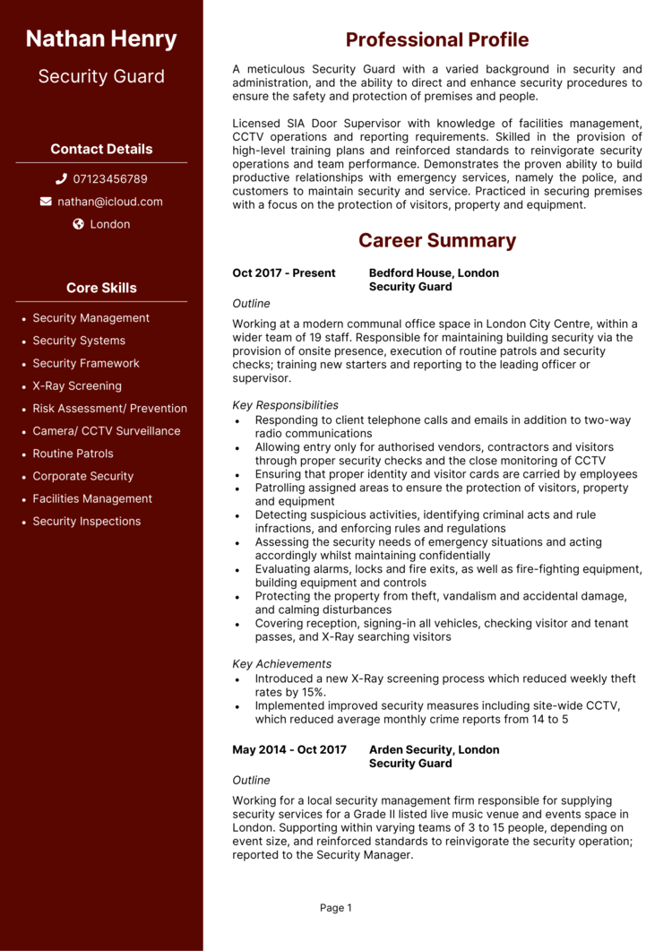 sample resume for security guard download