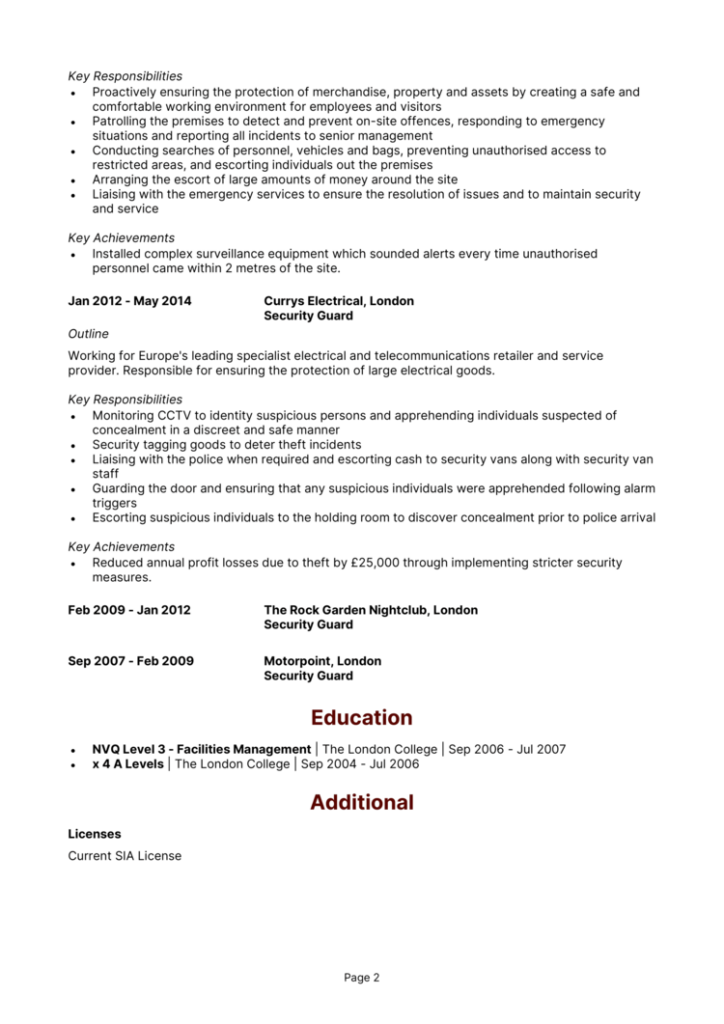 Security guard CV example + guide [Win interviews]