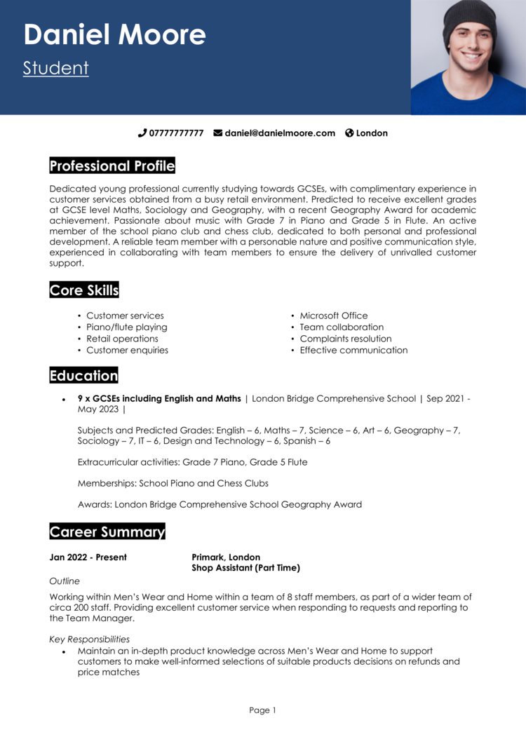 resume example for students