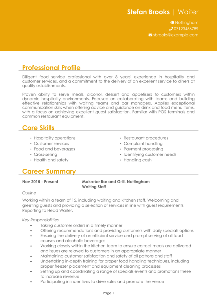 Waitress Or Waiter CV Example 2024 Guide CV Template   Waiter CV 1 