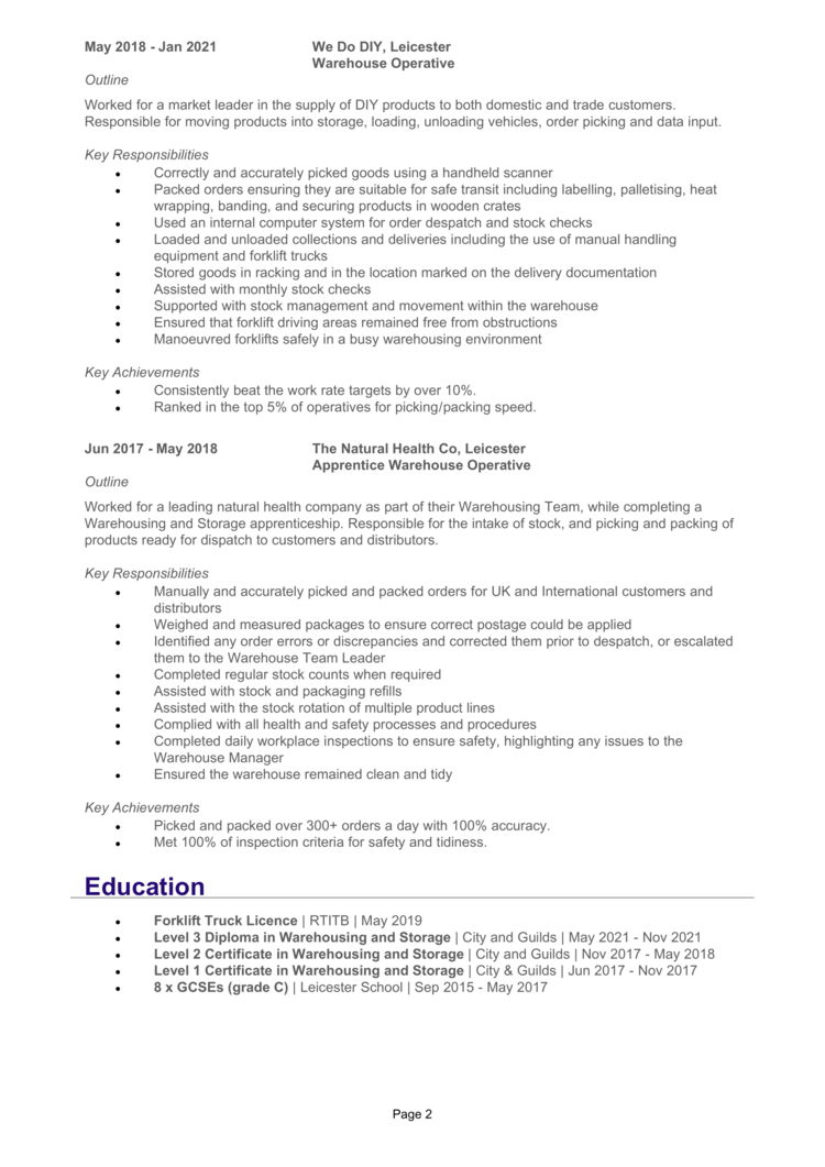 2 Warehouse Operative CV Examples For 2024 Get The Job   Warehouse Operative CV 2 