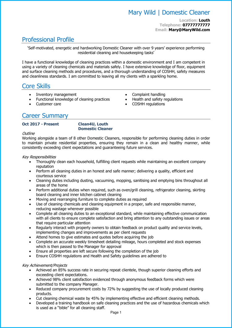 Domestic Cleaner CV Example Guide Get Hired   Domestic Cleaner CV 1 