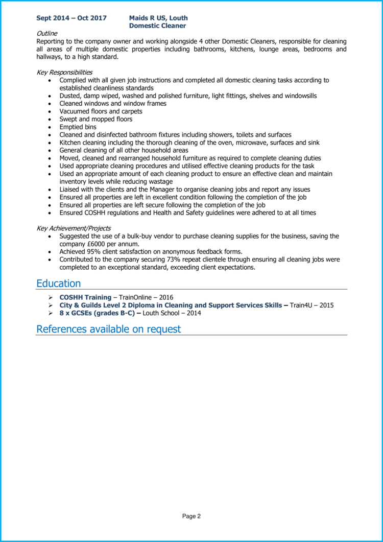 personal statement for cleaner cv