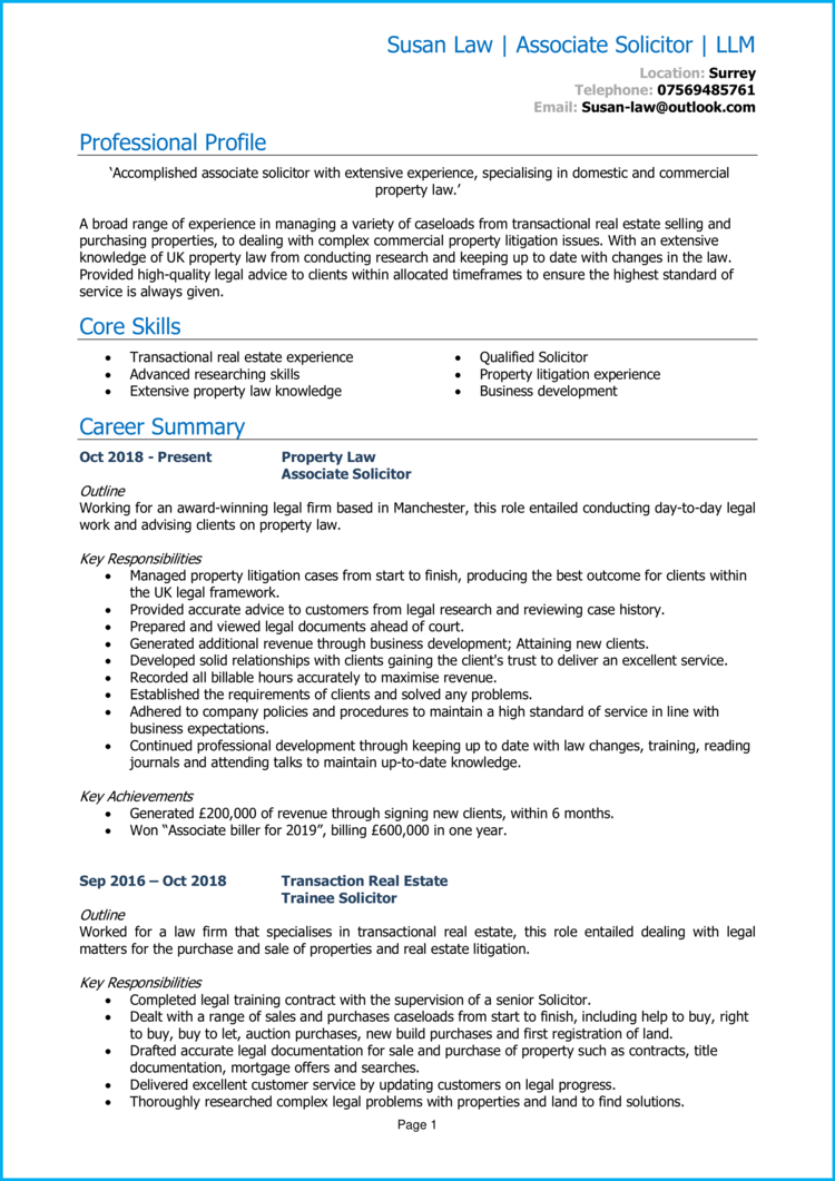 Associate Solicitor CV Example Guide Get Hired   Associate Solictor CV 1 