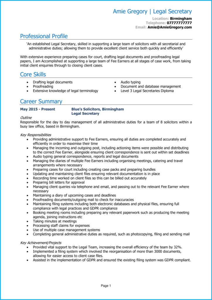 Legal Secretary CV example + guide [Get hired]