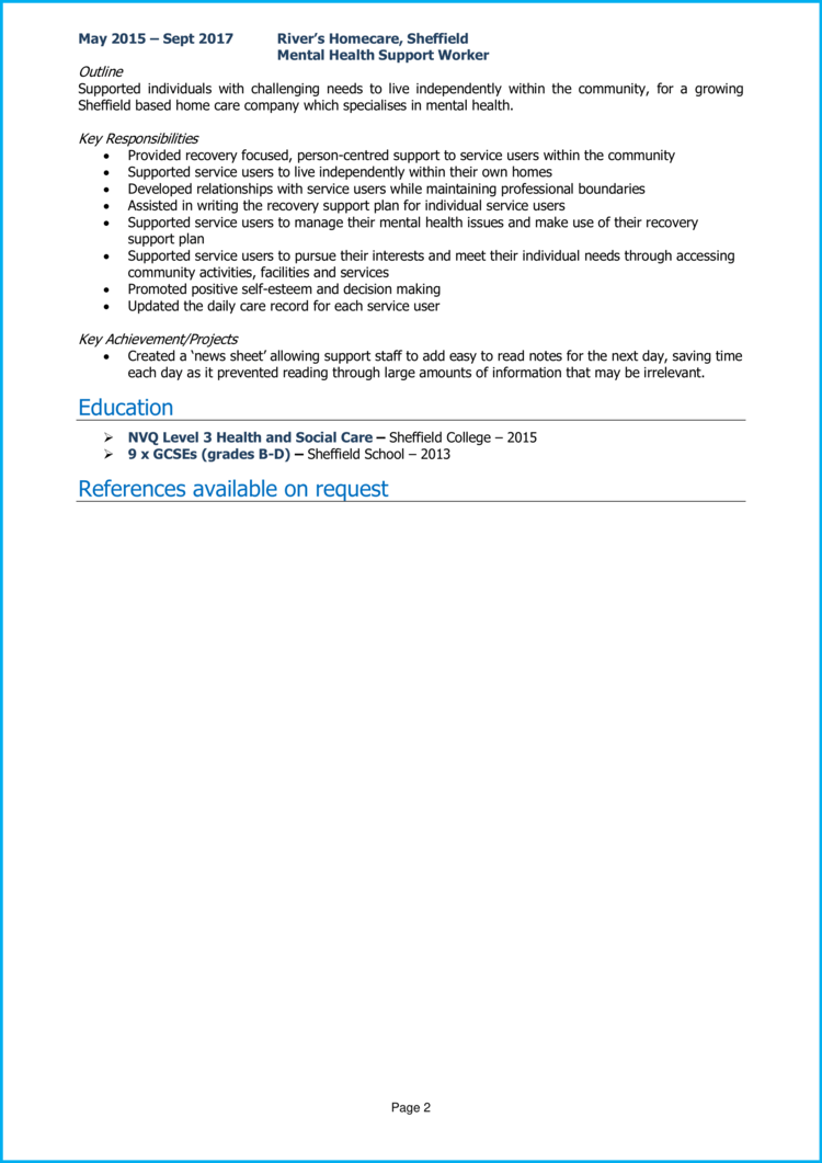 Mental Health Support Worker CV 2