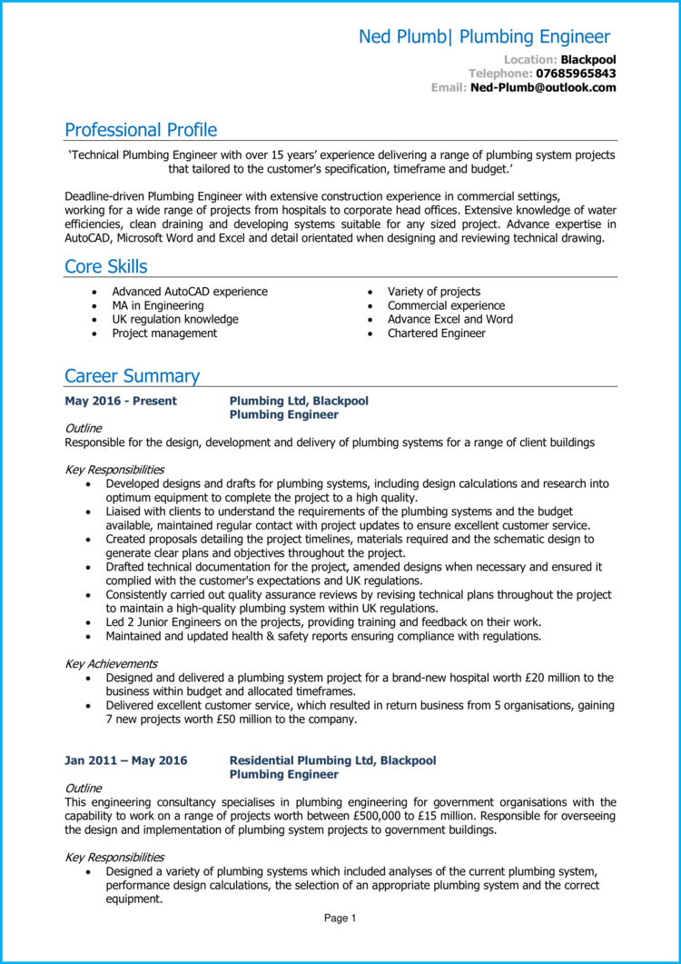 Plumbing Engineer Cv Example Guide Get Hired