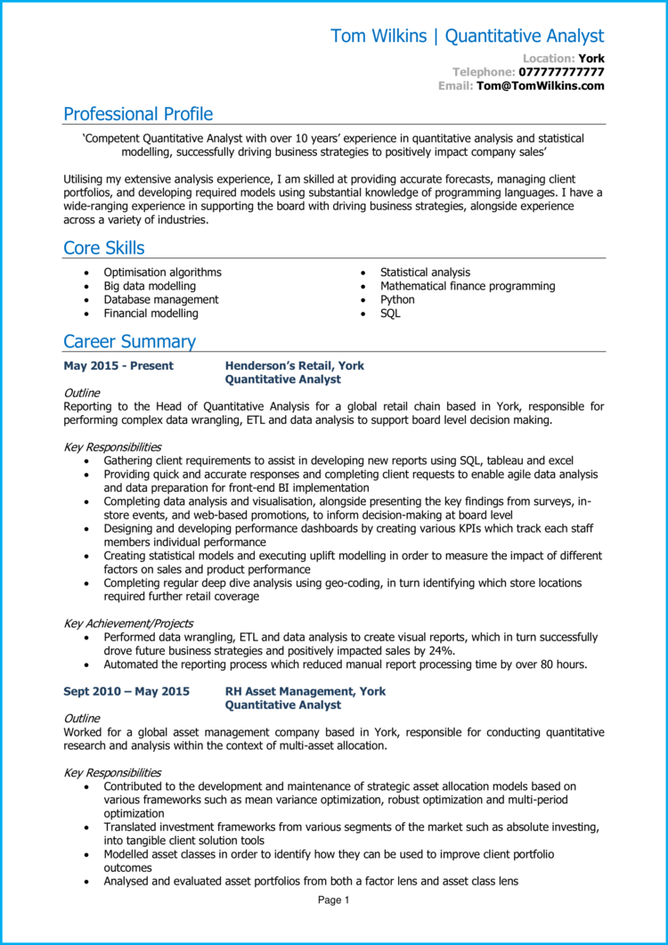 Quantitative Analyst CV 1