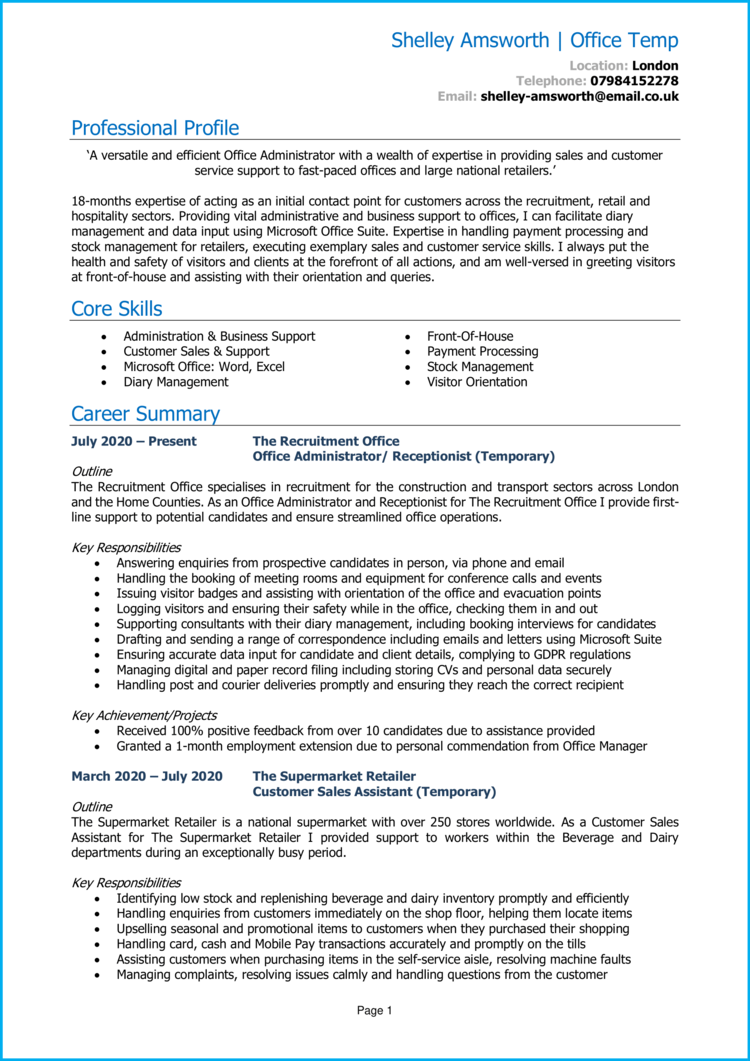 temp worker job description for resume