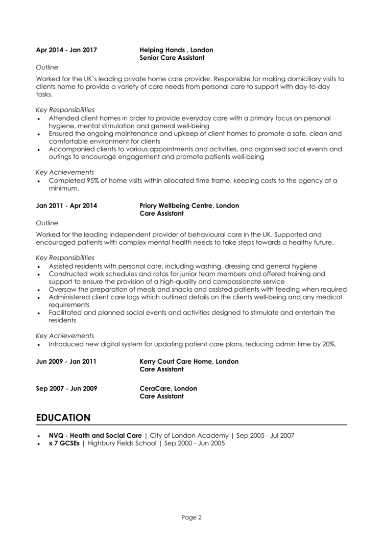 Care Assistant CV Example Writing Guide Land Top Care Jobs   Care Assistant CV 2 