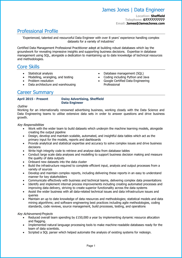 Data Engineer CV example + guide [Get hired]