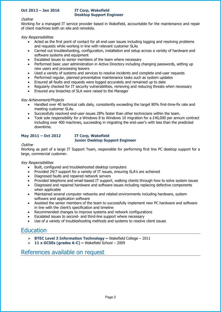 resume of desktop support engineer