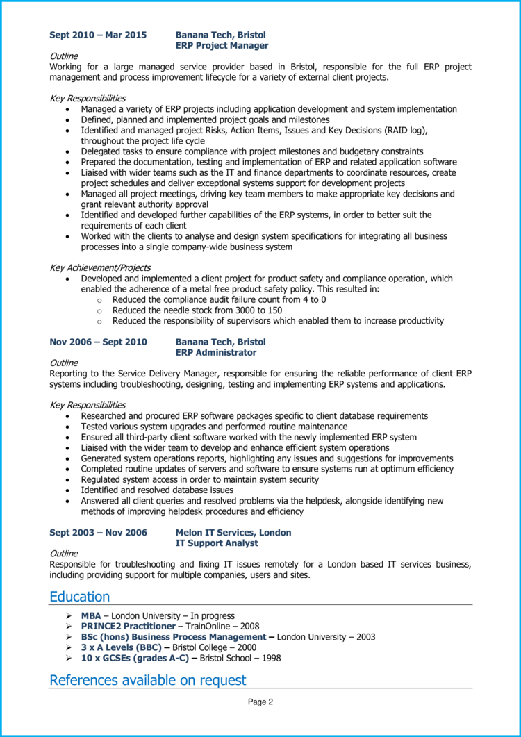 ERP Project Manager CV example + guide [Get hired]