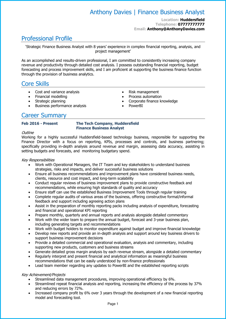 cv personal statement financial analyst