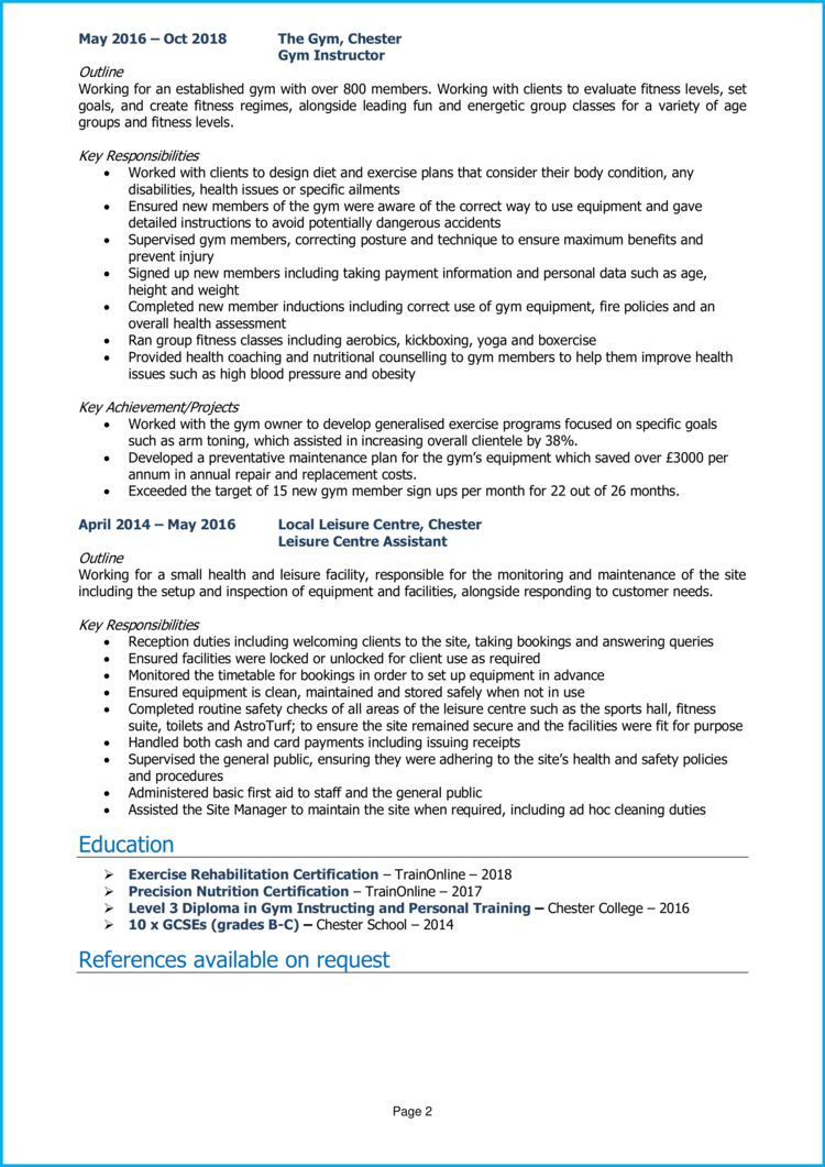 Gym Instructor CV Example fitness Instructor Guide