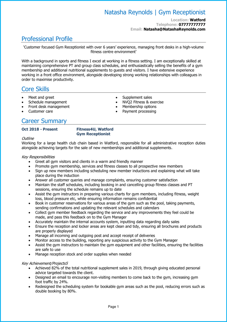 Gym Receptionist CV example + guide [Get hired]