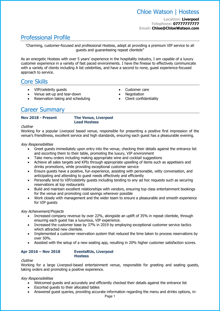 hostess cv example