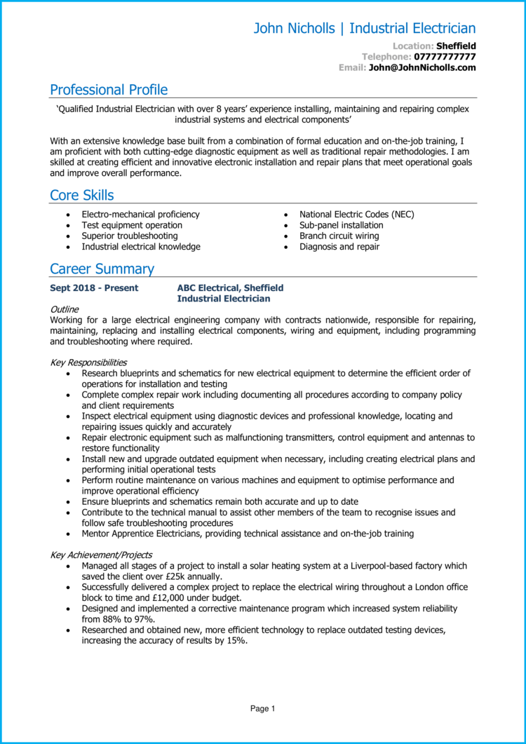 Industrial Electrician CV 1