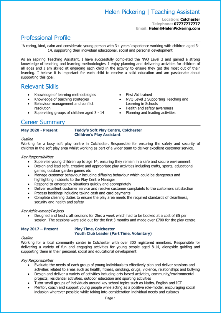 Teaching Assistant With No Experience CV Example Guide Get Hired 