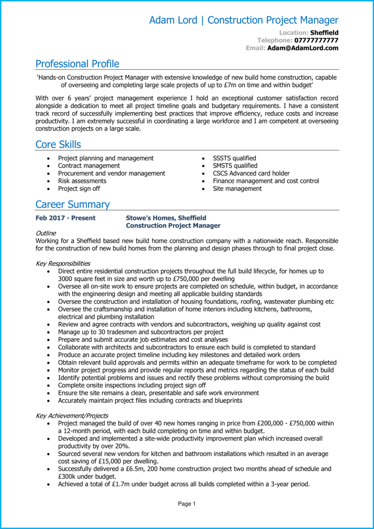 Construction Project Manager CV 1 - page 1