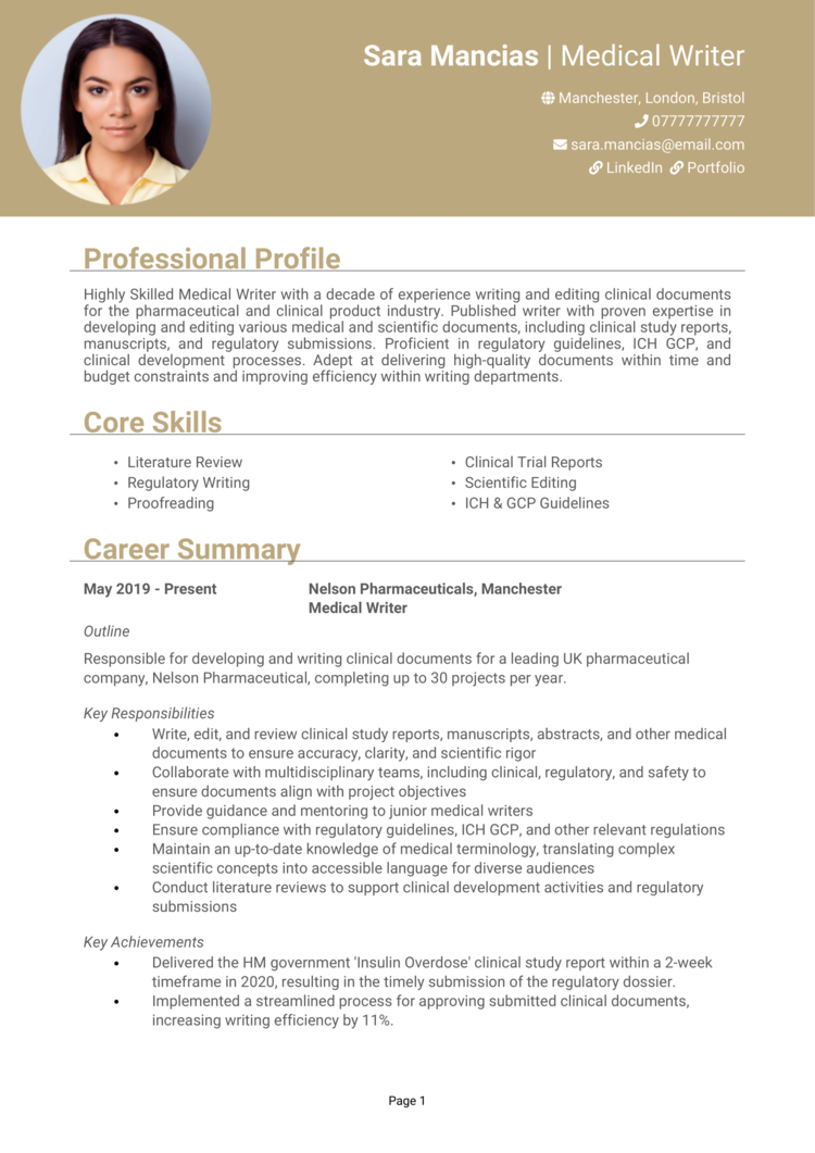 Medical Writer CV Example Guide Get Hired   Medical Writer CV 1 1 