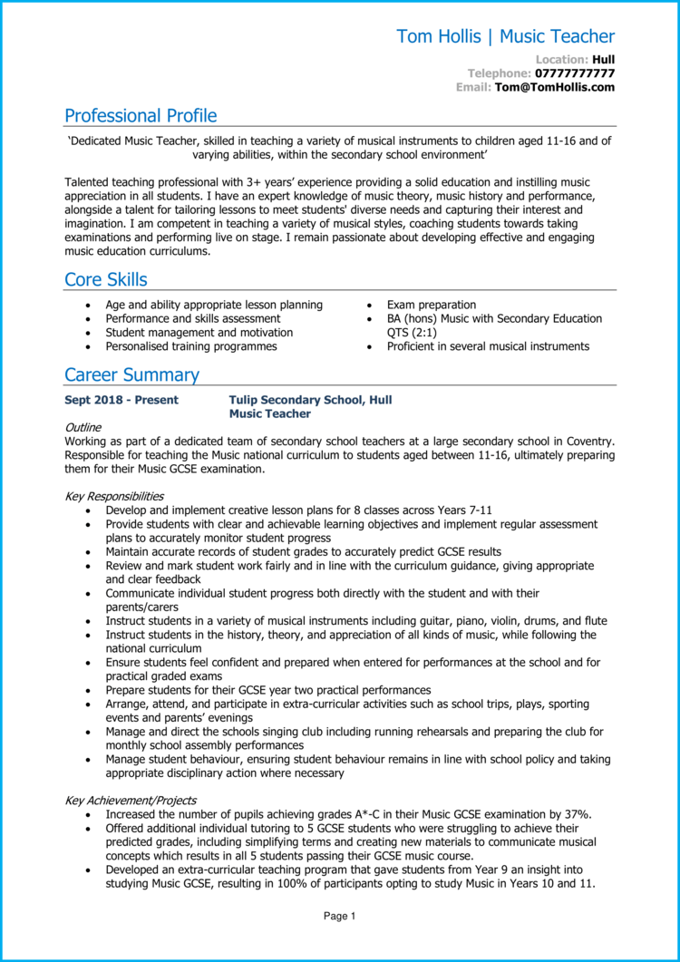 Music Teacher CV example + guide [Get hired]