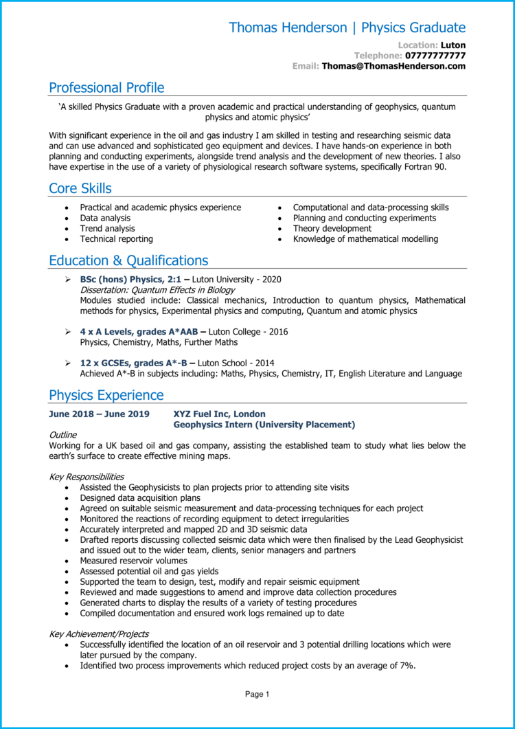 Physics Graduate CV example + guide [Get hired]