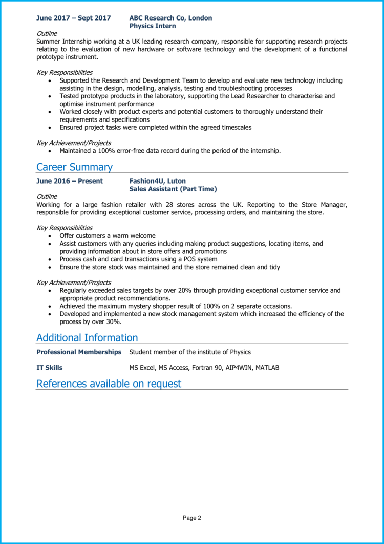 Physics Graduate CV 2