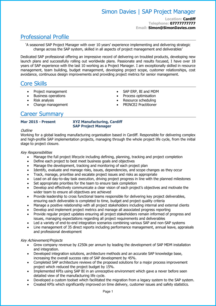 sap project manager resume