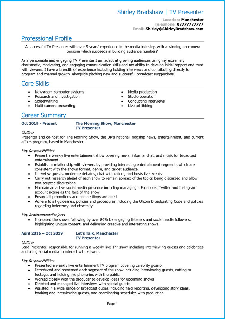 TV Presenter CV example + guide [Get hired]