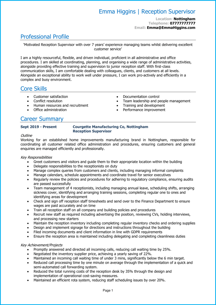 Reception Supervisor CV 1