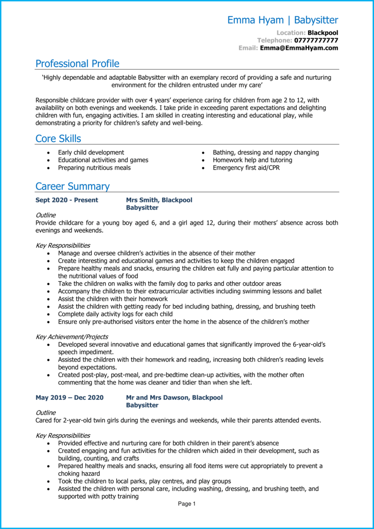 Babysitter CV example & writing guide [Get the best jobs]