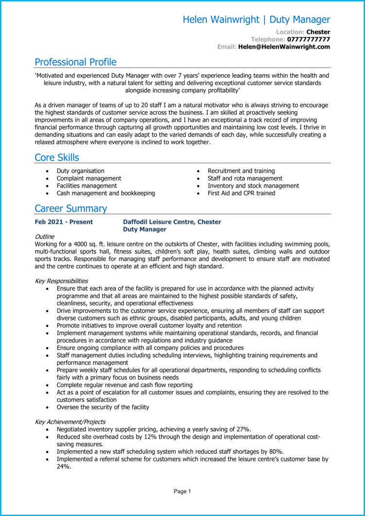 Duty Manager CV 1