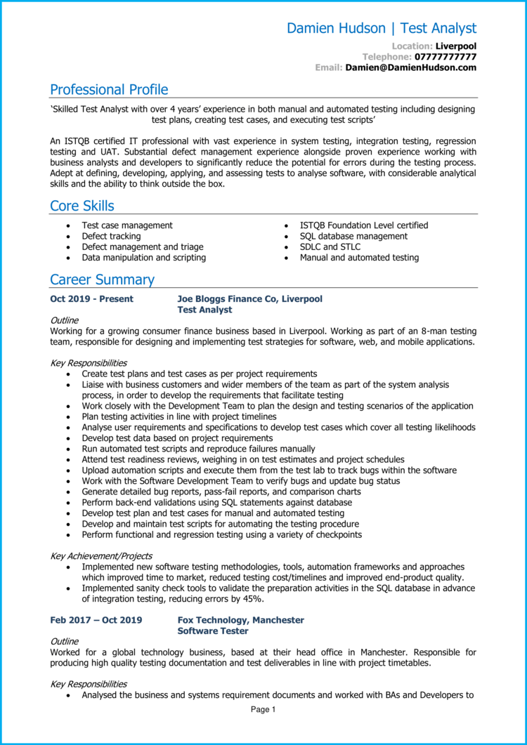 Test Analyst CV example + writing guide [Land a top job]