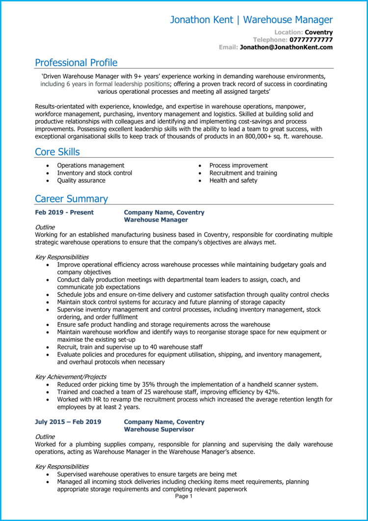 Warehouse Manager CV example + guide [Get more interviews]