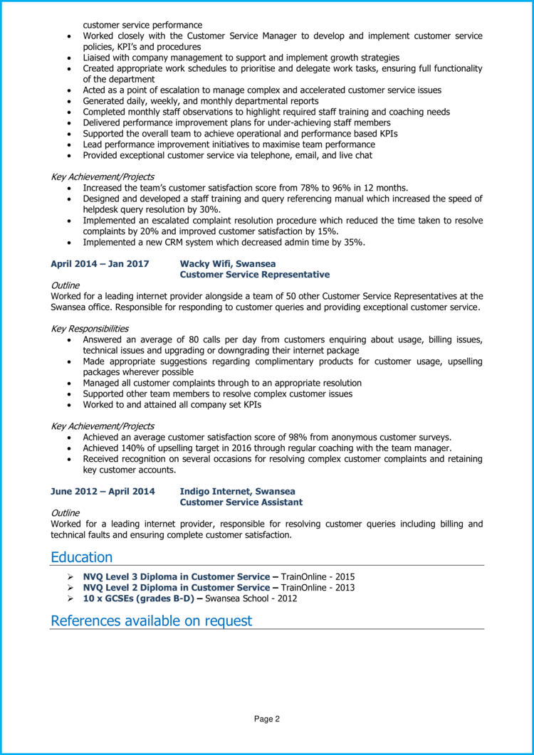 Customer Service Manager CV 2